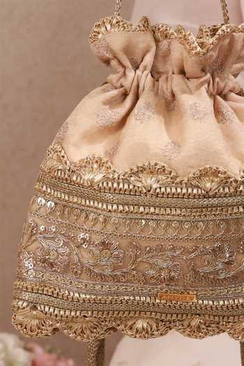 AMYRA Beige Beads, Tassels, Gota Patti, Lace, Metallic Mrida Brocade Woven Potli at Aza Fashions AMYRA_Beige Beads, Tassels, Gota Patti, Lace, Metallic Mrida Brocade Woven Potli _at_Aza_Fashions