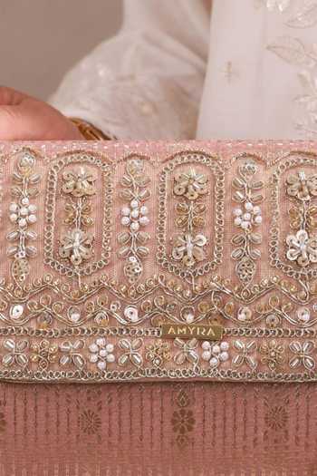 Shop AMYRA Pink Vivaah Embroidered Flapover Bag Shop_AMYRA_Pink Vivaah Embroidered Flapover Bag