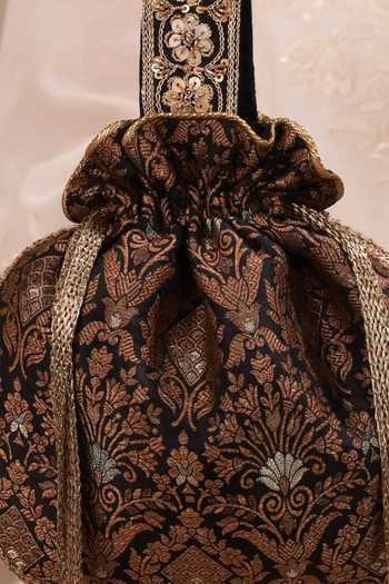 AMYRA Black Embroidery, Zari, Tassels Anantam Pure Silk Woven Potli at Aza Fashions AMYRA_Black Embroidery, Zari, Tassels Anantam Pure Silk Woven Potli _at_Aza_Fashions