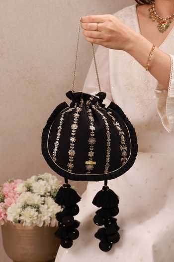 Buy AMYRA Black Embroidery, Beads, Pearls, Zari, Tassels Dhaga Pleated Potli Online at Aza Fashions Buy_AMYRA_Black Embroidery, Beads, Pearls, Zari, Tassels Dhaga Pleated Potli _Online_at_Aza_Fashions