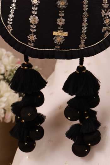 AMYRA Black Embroidery, Beads, Pearls, Zari, Tassels Dhaga Pleated Potli at Aza Fashions AMYRA_Black Embroidery, Beads, Pearls, Zari, Tassels Dhaga Pleated Potli _at_Aza_Fashions