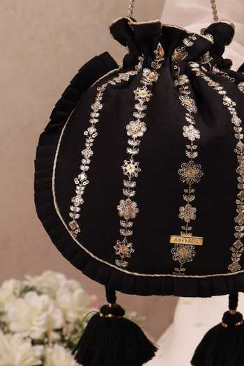 Buy AMYRA Black Embroidery, Beads, Pearls, Zari, Tassels Dhaga Pleated Potli Buy_AMYRA_Black Embroidery, Beads, Pearls, Zari, Tassels Dhaga Pleated Potli