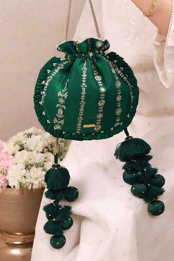 AMYRA Emerald Green Embroidery, Beads, Pearls, Zari, Metallic Dhaga Pleated Potli Online at Aza Fashions AMYRA_Emerald Green Embroidery, Beads, Pearls, Zari, Metallic Dhaga Pleated Potli _Online_at_Aza_Fashions
