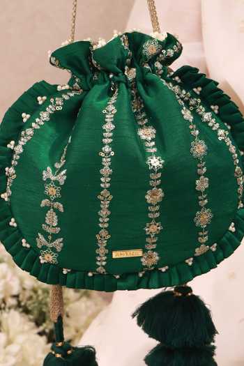 AMYRA Emerald Green Embroidery, Beads, Pearls, Zari, Metallic Dhaga Pleated Potli at Aza Fashions AMYRA_Emerald Green Embroidery, Beads, Pearls, Zari, Metallic Dhaga Pleated Potli _at_Aza_Fashions