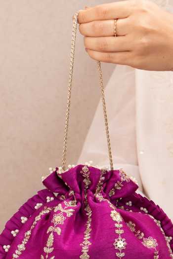 Buy_AMYRA_Pink Embroidery, Beads, Pearls, Zari, Tassels, Metallic Dhaga Pleated Potli _Online_at_Aza_Fashions