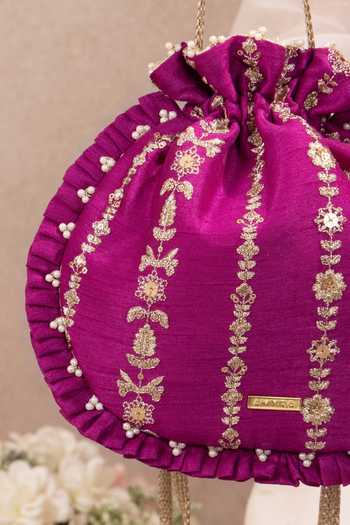 Shop_AMYRA_Pink Embroidery, Beads, Pearls, Zari, Tassels, Metallic Dhaga Pleated Potli _Online_at_Aza_Fashions