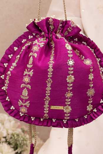Buy_AMYRA_Pink Embroidery, Beads, Pearls, Zari, Tassels, Metallic Dhaga Pleated Potli 