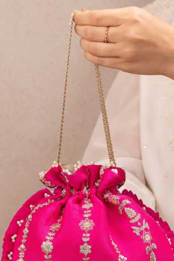 Shop AMYRA Pink Embroidery, Beads, Pearls, Zari, Tassels, Metallic Dhaga Pleated Potli Online at Aza Fashions Shop_AMYRA_Pink Embroidery, Beads, Pearls, Zari, Tassels, Metallic Dhaga Pleated Potli _Online_at_Aza_Fashions