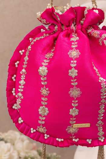 AMYRA Pink Embroidery, Beads, Pearls, Zari, Tassels, Metallic Dhaga Pleated Potli at Aza Fashions AMYRA_Pink Embroidery, Beads, Pearls, Zari, Tassels, Metallic Dhaga Pleated Potli _at_Aza_Fashions