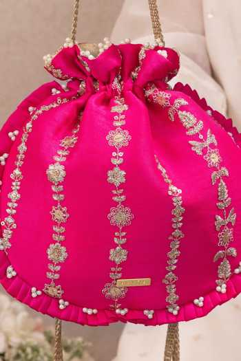 Buy AMYRA Pink Embroidery, Beads, Pearls, Zari, Tassels, Metallic Dhaga Pleated Potli Buy_AMYRA_Pink Embroidery, Beads, Pearls, Zari, Tassels, Metallic Dhaga Pleated Potli