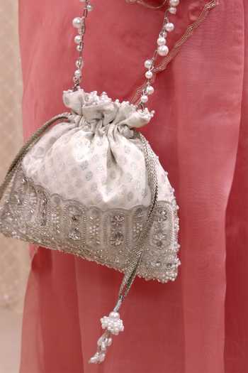 AMYRA Silver Sequins, Beads, Pearls, Tassels, Lace Sitara Brocade Woven Potli at Aza Fashions AMYRA_Silver Sequins, Beads, Pearls, Tassels, Lace Sitara Brocade Woven Potli _at_Aza_Fashions