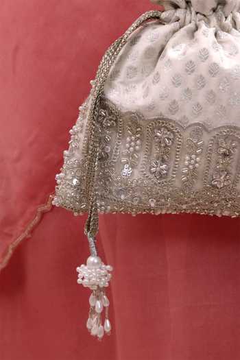 Buy AMYRA Silver Sequins, Beads, Pearls, Tassels, Lace Sitara Brocade Woven Potli Buy_AMYRA_Silver Sequins, Beads, Pearls, Tassels, Lace Sitara Brocade Woven Potli