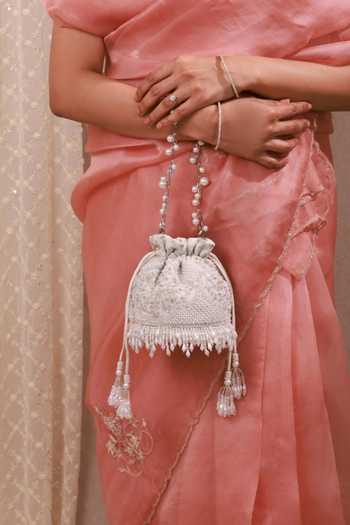 Shop AMYRA Silver Embroidery, Beads, Pearls, Crystals, Tassels, Lace, Sehra Mini Potli Online at Aza Fashions Shop_AMYRA_Silver Embroidery, Beads, Pearls, Crystals, Tassels, Lace, Sehra Mini Potli _Online_at_Aza_Fashions