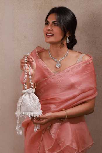 AMYRA Silver Embroidery, Beads, Pearls, Crystals, Tassels, Lace, Sehra Mini Potli at Aza Fashions AMYRA_Silver Embroidery, Beads, Pearls, Crystals, Tassels, Lace, Sehra Mini Potli _at_Aza_Fashions