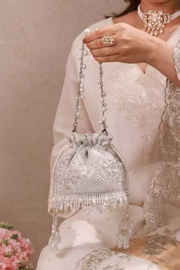 Shop AMYRA Silver Embroidery, Beads, Pearls, Crystals, Tassels, Lace, Sehra Mini Potli Shop_AMYRA_Silver Embroidery, Beads, Pearls, Crystals, Tassels, Lace, Sehra Mini Potli