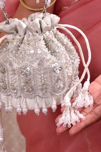 Shop AMYRA Silver Embroidery, Beads, Pearls, Tassels Lumia Mini Potli Online at Aza Fashions Shop_AMYRA_Silver Embroidery, Beads, Pearls, Tassels Lumia Mini Potli _Online_at_Aza_Fashions