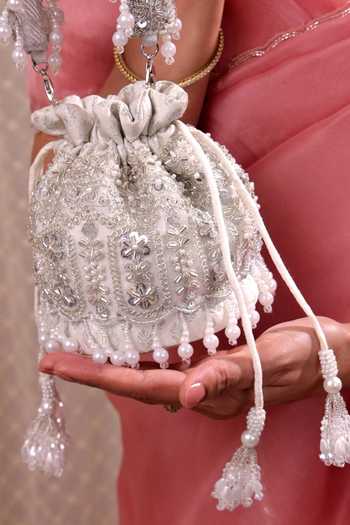 AMYRA Silver Embroidery, Beads, Pearls, Tassels Lumia Mini Potli at Aza Fashions AMYRA_Silver Embroidery, Beads, Pearls, Tassels Lumia Mini Potli _at_Aza_Fashions