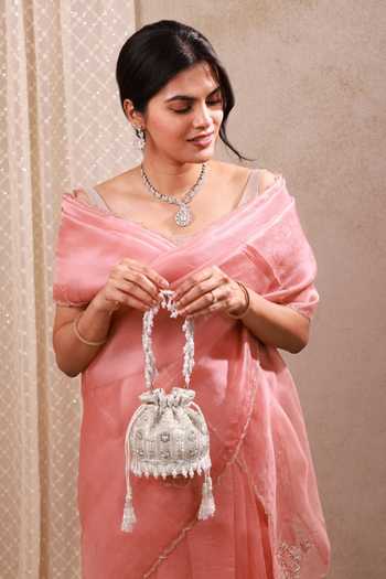 Buy AMYRA Silver Embroidery, Beads, Pearls, Tassels Lumia Mini Potli Buy_AMYRA_Silver Embroidery, Beads, Pearls, Tassels Lumia Mini Potli