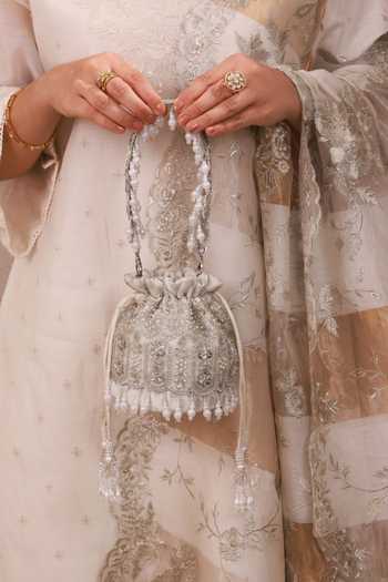 Shop AMYRA Silver Embroidery, Beads, Pearls, Tassels Lumia Mini Potli Shop_AMYRA_Silver Embroidery, Beads, Pearls, Tassels Lumia Mini Potli