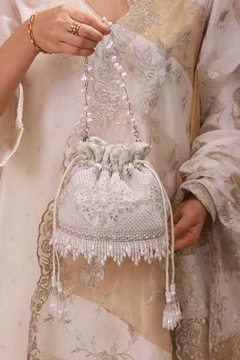 AMYRA Silver Embroidery, Beads, Pearls, Crystals, Tassels, Lace Sehra Potli at Aza Fashions AMYRA_Silver Embroidery, Beads, Pearls, Crystals, Tassels, Lace Sehra Potli _at_Aza_Fashions
