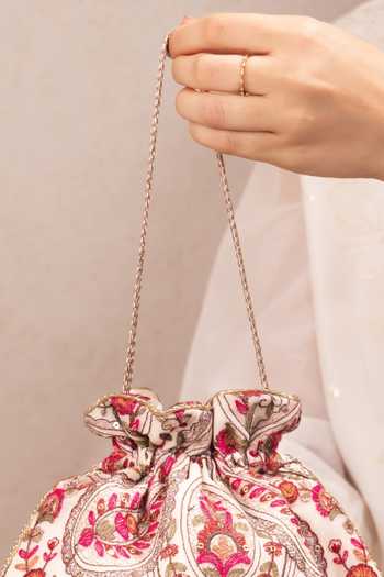 AMYRA Off White Embroidery, Tassels, Metallic Thread Rumi Round Potli Online at Aza Fashions AMYRA_Off White Embroidery, Tassels, Metallic Thread Rumi Round Potli _Online_at_Aza_Fashions