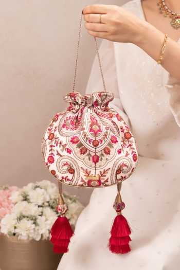 Buy AMYRA Off White Embroidery, Tassels, Metallic Thread Rumi Round Potli Online at Aza Fashions Buy_AMYRA_Off White Embroidery, Tassels, Metallic Thread Rumi Round Potli _Online_at_Aza_Fashions