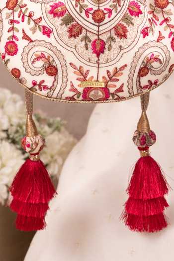 Shop AMYRA Off White Embroidery, Tassels, Metallic Thread Rumi Round Potli Online at Aza Fashions Shop_AMYRA_Off White Embroidery, Tassels, Metallic Thread Rumi Round Potli _Online_at_Aza_Fashions