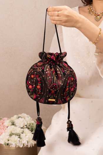 AMYRA Black Embroidery, Sequins, Tassels Rumi Round Potli Online at Aza Fashions AMYRA_Black Embroidery, Sequins, Tassels Rumi Round Potli _Online_at_Aza_Fashions