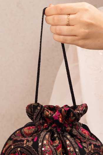 Buy AMYRA Black Embroidery, Sequins, Tassels Rumi Round Potli Online at Aza Fashions Buy_AMYRA_Black Embroidery, Sequins, Tassels Rumi Round Potli _Online_at_Aza_Fashions