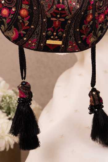 Shop AMYRA Black Embroidery, Sequins, Tassels Rumi Round Potli Online at Aza Fashions Shop_AMYRA_Black Embroidery, Sequins, Tassels Rumi Round Potli _Online_at_Aza_Fashions