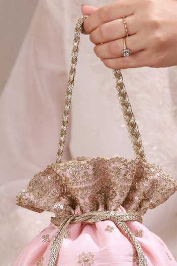 Shop AMYRA Pink Embroidery, Sequins, Beads, Pearls, Tassels, Metallic Thread Azai Potli Online at Aza Fashions Shop_AMYRA_Pink Embroidery, Sequins, Beads, Pearls, Tassels, Metallic Thread Azai Potli _Online_at_Aza_Fashions