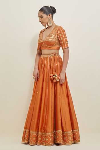 Ikshita Choudhary Orange Chanderi, Organza V-neck Embroidered Lehenga Set Online at Aza Fashions Ikshita Choudhary_Orange Chanderi, Organza V-neck Embroidered Lehenga Set _Online_at_Aza_Fashions