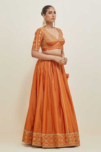 Buy Ikshita Choudhary Orange Chanderi, Organza V-neck Embroidered Lehenga Set Online at Aza Fashions Buy_Ikshita Choudhary_Orange Chanderi, Organza V-neck Embroidered Lehenga Set _Online_at_Aza_Fashions