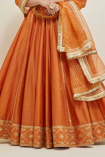 Shop Ikshita Choudhary Orange Chanderi, Organza V-neck Embroidered Lehenga Set Online at Aza Fashions Shop_Ikshita Choudhary_Orange Chanderi, Organza V-neck Embroidered Lehenga Set _Online_at_Aza_Fashions