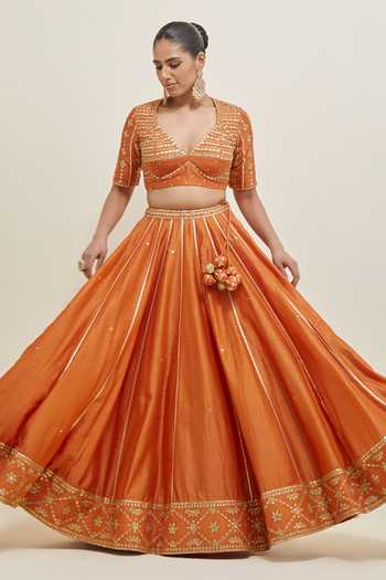 Ikshita Choudhary Orange Chanderi, Organza V-neck Embroidered Lehenga Set at Aza Fashions Ikshita Choudhary_Orange Chanderi, Organza V-neck Embroidered Lehenga Set _at_Aza_Fashions