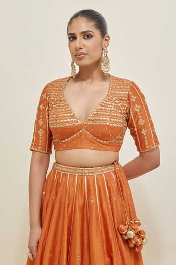 Buy Ikshita Choudhary Orange Chanderi, Organza V-neck Embroidered Lehenga Set Buy_Ikshita Choudhary_Orange Chanderi, Organza V-neck Embroidered Lehenga Set