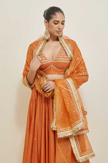 Shop Ikshita Choudhary Orange Chanderi, Organza V-neck Embroidered Lehenga Set Shop_Ikshita Choudhary_Orange Chanderi, Organza V-neck Embroidered Lehenga Set
