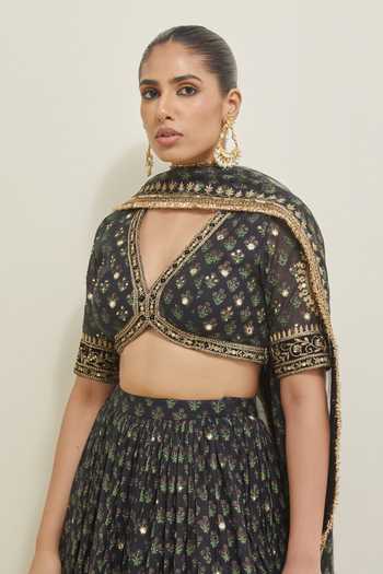Buy Ikshita Choudhary Black Chanderi, Organza V-neck Hand Embroidered Lehenga Set Online at Aza Fashions Buy_Ikshita Choudhary_Black Chanderi, Organza V-neck Hand Embroidered Lehenga Set _Online_at_Aza_Fashions