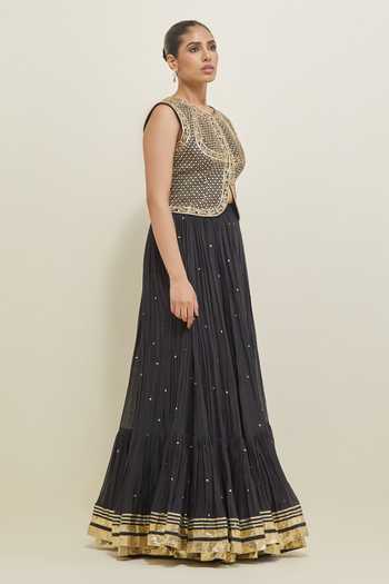 Ikshita Choudhary Black Chanderi Round Neck Hand Embroidered Jacket And Lehenga Set Online at Aza Fashions Ikshita Choudhary_Black Chanderi Round Neck Hand Embroidered Jacket And Lehenga Set _Online_at_Aza_Fashions
