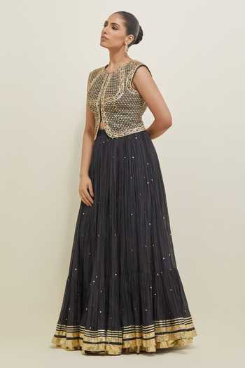 Buy Ikshita Choudhary Black Chanderi Round Neck Hand Embroidered Jacket And Lehenga Set Online at Aza Fashions Buy_Ikshita Choudhary_Black Chanderi Round Neck Hand Embroidered Jacket And Lehenga Set _Online_at_Aza_Fashions
