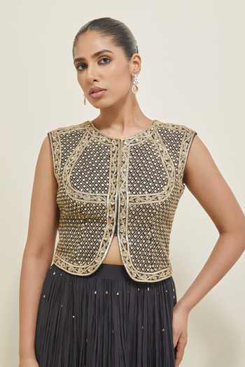 Shop Ikshita Choudhary Black Chanderi Round Neck Hand Embroidered Jacket And Lehenga Set Online at Aza Fashions Shop_Ikshita Choudhary_Black Chanderi Round Neck Hand Embroidered Jacket And Lehenga Set _Online_at_Aza_Fashions