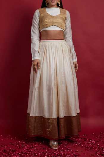 Shop_Vinusto_Ivory And Gold Chanderi Lehanga Set For Kids_Online_at_Aza_Fashions