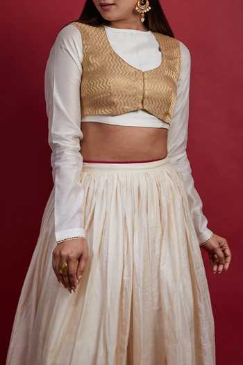 Vinusto_Ivory And Gold Chanderi Lehanga Set For Kids_at_Aza_Fashions