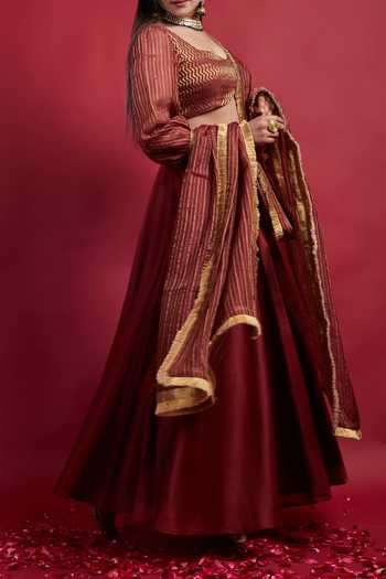 Shop_Vinusto_Maroon Flared Lehanga Set With Dupatta For Kids_Online_at_Aza_Fashions