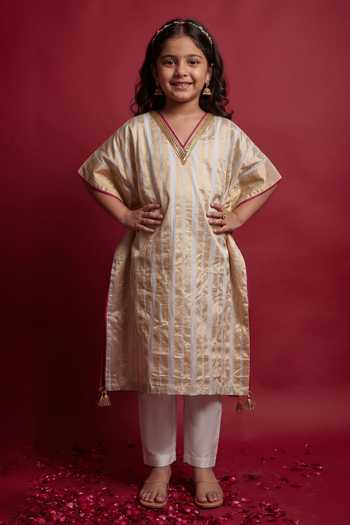 Vinusto Gold Zari Stripe Kaftan & Chanderi Pants Set For Kids