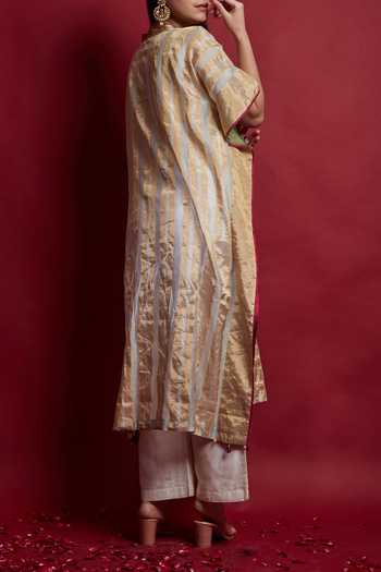 Vinusto Gold Zari Stripe Kaftan & Chanderi Pants Set For Kids