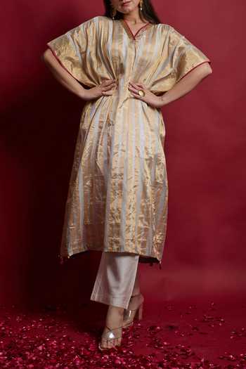 Vinusto_Ivory Gold Zari Stripe Kaftan And Chanderi Pants Set For Kids_Online_at_Aza_Fashions