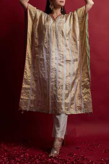 Vinusto_Ivory Gold Zari Stripe Kaftan And Chanderi Pants Set For Kids_at_Aza_Fashions