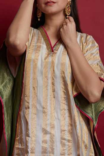 Shop_Vinusto_Ivory Gold Zari Stripe Kaftan And Chanderi Pants Set For Kids