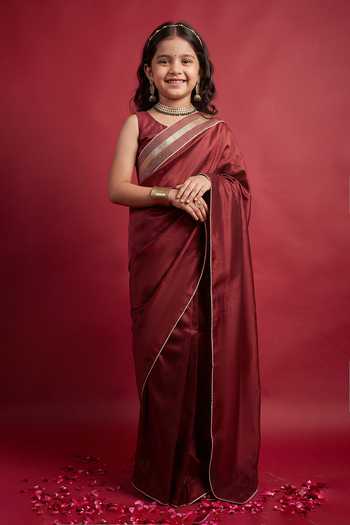 Vinusto Maroon Chanderi Handloom Saree With Blouse For Kids